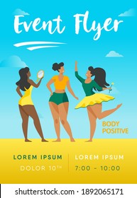 Happy girls admiring their bodies flat vector illustration. Body positive female characters smiling each other. Active women with plus size figures. Different beauty, fashion and healthy lifestyle