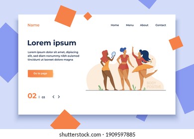 Happy girls admiring their bodies flat vector illustration. Body positive female characters smiling each other. Active women with plus size figures. Different beauty, fashion and healthy lifestyle
