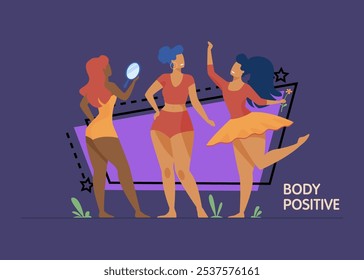 Chicas felices admirando sus cuerpos Ilustración vectorial plana. Cuerpo positivo personajes femeninos sonriendo entre sí. Mujeres activas con figuras de talla grande. Diferente belleza, moda y estilo de vida saludable