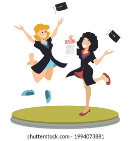 Happy girls after exams. Getting diploma. Illustration concept for mobile website and internet development.