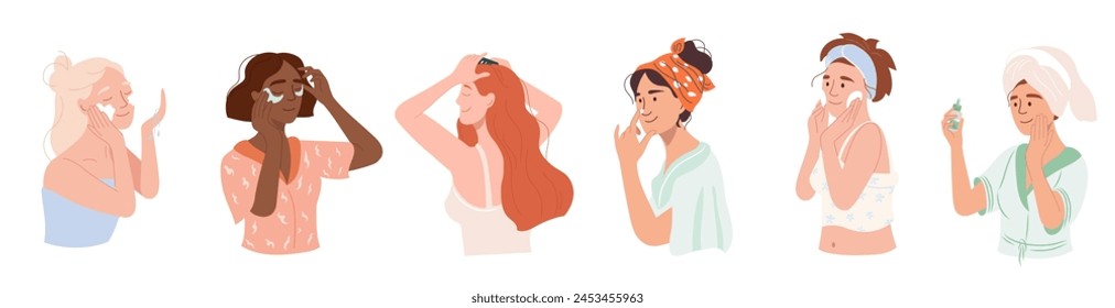 Happy girls applying cleansing and moisturizing face skincare products at home. Flat vector illustration everyday care routine of different skin type young women