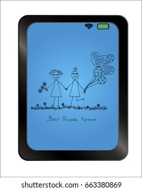 Happy girls with balloons on computer tablet. Best Friends Forever. vector illustration. best friends greeting card. Happy Friendship Day.
