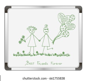 Happy girls with balloons on flip chart background. Best Friends Forever. vector illustration. best friends greeting card. Happy Friendship Day.