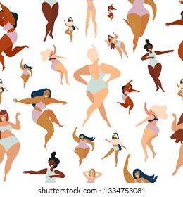 Happy girls. Body positive movement and beauty diversity. Seamless pattern. Vector illustration. Transparent background