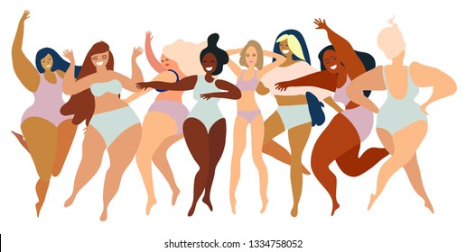 Happy Girls. Body Positive Movement And Beauty Diversity. Flat Illustration. Transparent Background