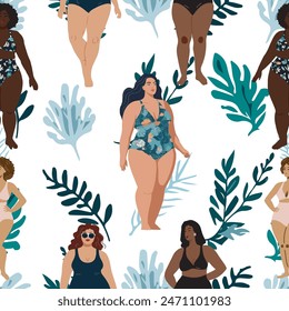 Happy girls. Body positive movement and beauty diversity. Seamless pattern. Vector illustration. Transparent background