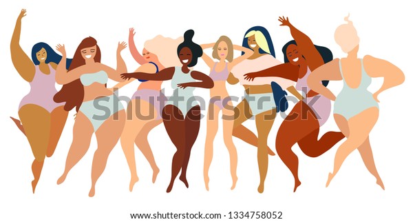Happy girls. Body
positive movement and beauty diversity. Flat illustration.
Transparent background