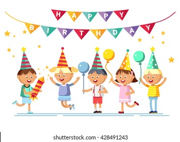 Happy girls and boys with balloon going to party. Children party. Birthday party. Young male and female cartoon character in white background. 