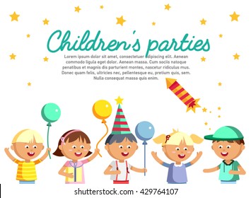 Happy girls and boys with balloon going to party. Children patry card. Birthday party baner. Young male and female cartoon character in white background. Happy childhood. Party kids.