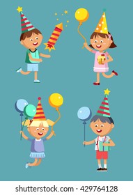 Happy girls and boys with balloon going to party. Children patry. Birthday party. Young male and female cartoon character. Happy childhood. Party kids.