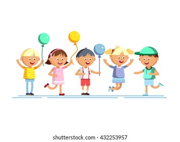 Happy girls and boys with balloon going to party. Children patry. Birthday party. Young male and female cartoon character in white background. Happy childhood. Party kids.