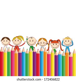 Happy girls and boys with colorful crayons