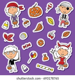 Happy girls and boys in Halloween costumes with sweets. Holiday toddlers and candies sticker set. Collection with cartoon characters: wizard,  pirate and devil. 