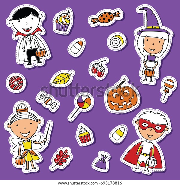 Happy Girls Boys Halloween Costumes Sweets Stock Vector Royalty Free 693178816