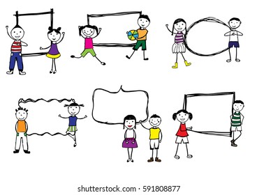 Happy girls and boys. Hand drawn illustration