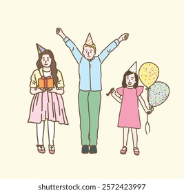 Happy girls boys kids having birthday party holding balloons. Hand drawn style vector design illustration.