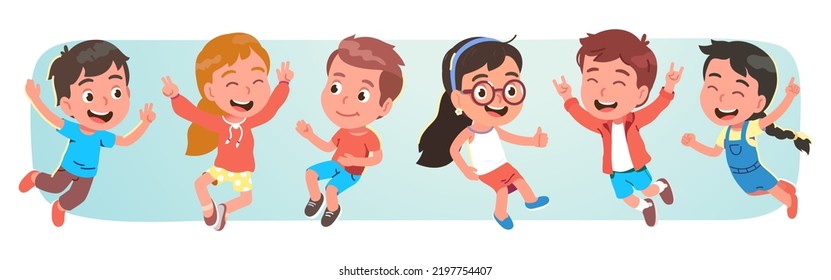 Happy girls, boys kids showing gestures. Cheerful children persons characters jumping, raising hands having fun or celebrating winning happily. Childhood happiness flat vector illustration set