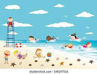 Happy girls and boys on the beach