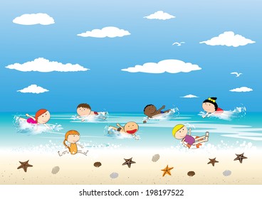 Happy girls and boys on the beach