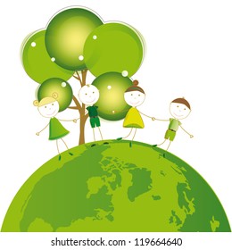 Happy girls and boys on green globe