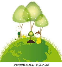 Happy girls and boys plant green trees