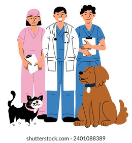 Happy girls and boys are veterinarians with pets. Vector illustration of animal care. Flat style. Doctors and nurses with a cat and a dog on a white background. International Veterinarian's Day