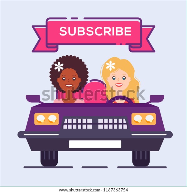 Happy girls\
in the car, european and afro american, travelling. Ribbon with the\
text. Funny cartoon illustration.\

