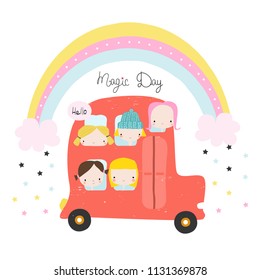 Happy girls in the car under the rainbow. Childish graphic. Vector hand drawn illustration.