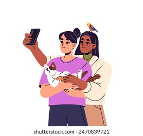 Happy girls with cat, parrot taking joint photo by phone. Lesbian couple cuddles, posing with pets for selfie. Friends photography together. Flat isolated vector illustration on white background