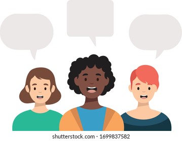 Fröhliche Mädchen-Charakter mit leeren Sprachblasen für Text.  Konzept der Verbindung von Menschen. Gruppe der Freundinnen, Vereinigung der Feministinnen, Schwesternschaft. Vektorillustration