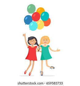 Happy girls with closely interwoven braids hold balloons, friends forever. Dark-haired and blonde girl in dresses having fun, smiling and holding air balls. Female friendship vector illustration.