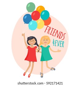 Happy girls with colorful balloons friends forever. Dark-haired girl in red dress and blonde girl in blue dress having fun, smiling and holding air balls. Female friendship vector illustration.