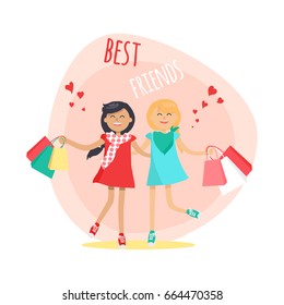 Happy girls with colorful shopping bags friends forever. Dark-haired girl in red dress and blonde girl in blue dress having fun, smiling and holding packages. Female friendship vector illustration.