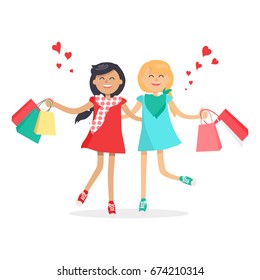 Happy girls with colorful shopping bags friends forever. Lovely pretty women returned from shop with packages, passed cool time together. Female friendship vector illustration in flat style design