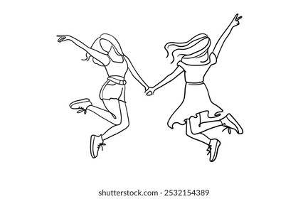 Happy girls continuous line art drawing isolated on white background. Jumping womans line art. Vector illustration	