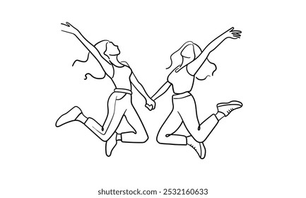 Happy girls continuous line art drawing isolated on white background. Jumping womans line art. Vector illustration	