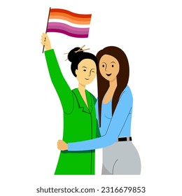 Happy girls couple holding lesbian flag during pride month and hugging