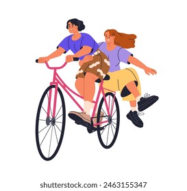 Happy girls couple on bicycle, laughing, having fun. Young female friends enjoying bike ride, adventure, travel. Active joyful women cycling. Flat vector illustration isolated on white background