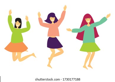 Happy girls dance and rejoice. Flat bright vector illustration isolated on white background.
