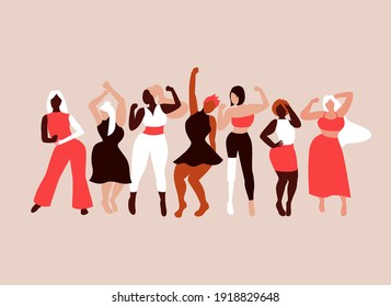 Happy girls dancing. Body positivity. Love your body. Different skin color and body size women characters. Flat vector illustration for postcard, banner, poster, app. Eps 10