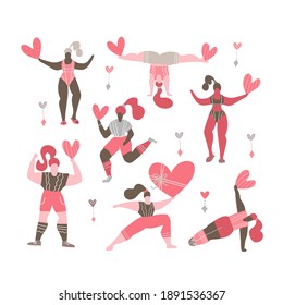 Happy girls are dancing and going in for sports. Love your body concept. Body positive. Attractive overweight girls of different races who love their bodies. Vector flat illustration.