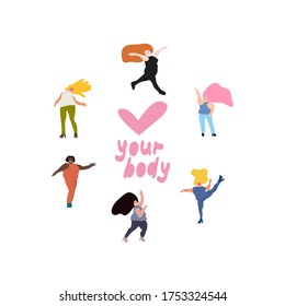  Happy girls are dancing. Love your body! Body positive. Attractive overweight woman. Vector illustration. 