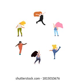 Happy girls are dancing. Love your body! Body positive. Attractive overweight woman. Vector illustration. 