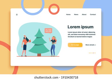 Happy girls decorating Christmas tree. Present, gift, stocking flat vector illustration. Xmas, eve, celebration concept for banner, website design or landing web page