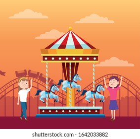 happy girls in the fair next to carousel over orange sunset background, colorful design, vector illustration