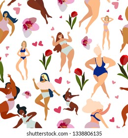 Happy girls and flowers. Body positive. Seamless pattern. Vector illustration. Transparent background