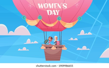 happy girls flying in hot air balloon womens day 8 march holiday celebration concept banner flyer or greeting card horizontal vector illustration