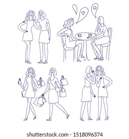 Happy girls friends doodle set. Pair of young women in cafe, doing shopping, telling secrets and laughing. Cartoon hand drawn illustration for your design.