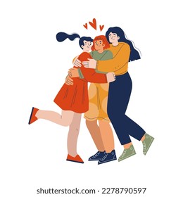 Happy Girls Friends Hugging Feeling Love and Positive Emotion Vector Illustration