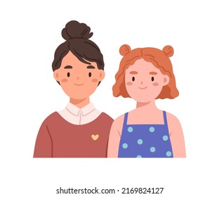 Happy girls friends portrait. Two smiling kids together. Pair, couple of lovely cute children. Positive joyful girlfriends, classmates. Flat vector illustration isolated on white background